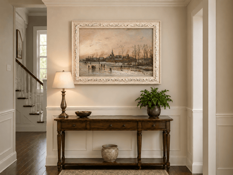 Landscape Oil Painting - Winter Town with Ice - Skating Figures