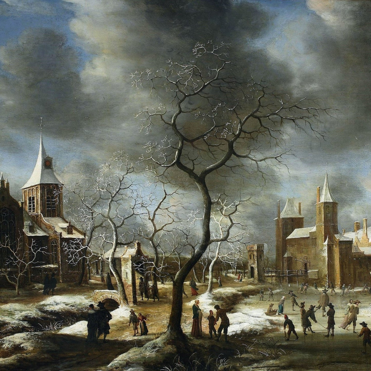 Hand-painted winter town with skaters and church landscape oil painting on canvas