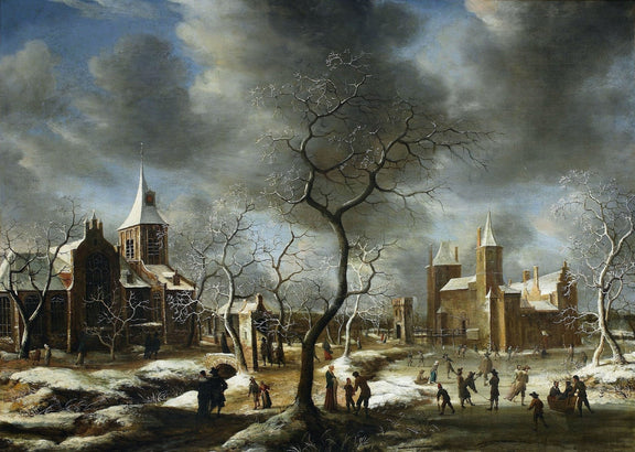 Hand-painted winter town with skaters and church landscape oil painting on canvas