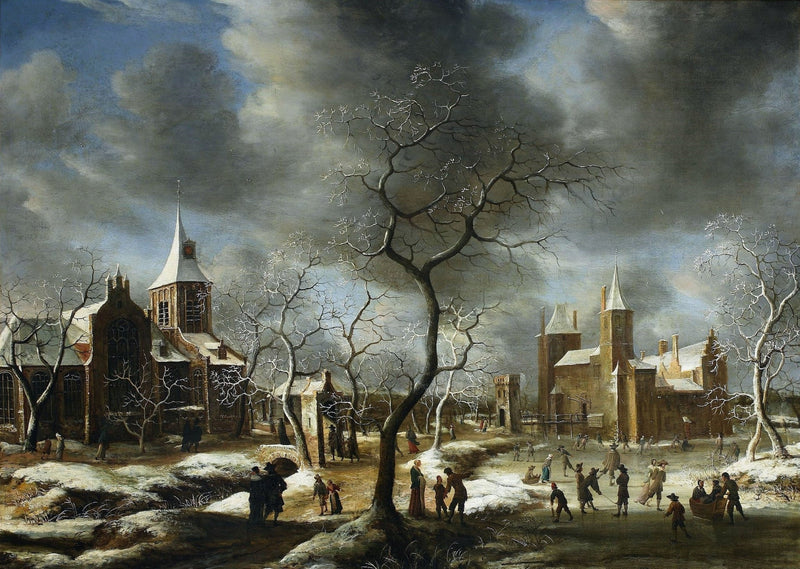 Hand-painted winter town with skaters and church landscape oil painting on canvas