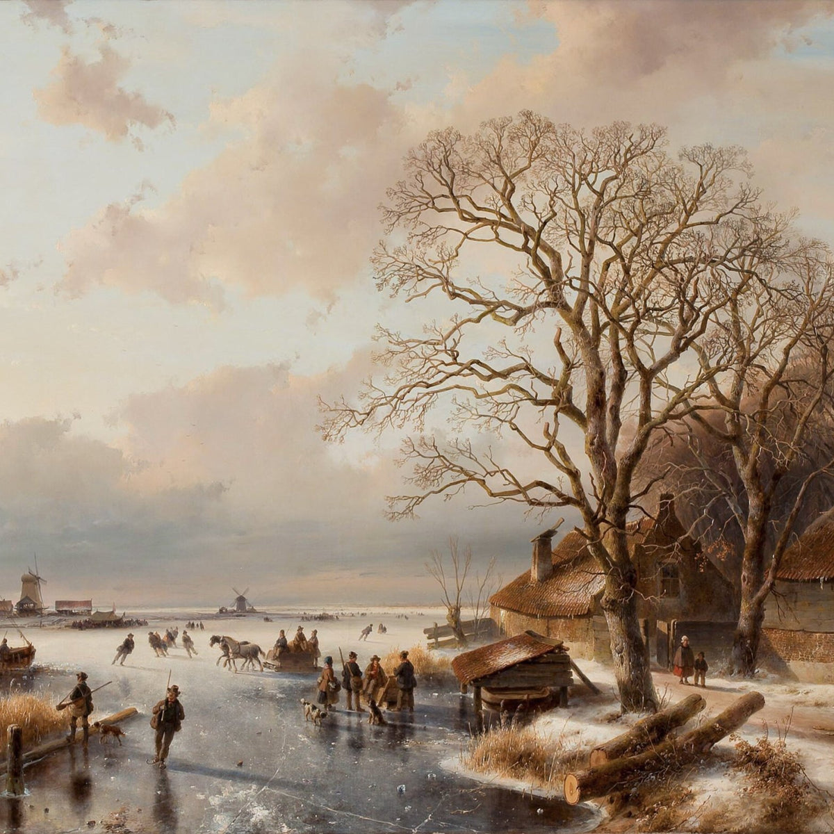 Hand-painted winter village by a frozen canal landscape oil painting on canvas