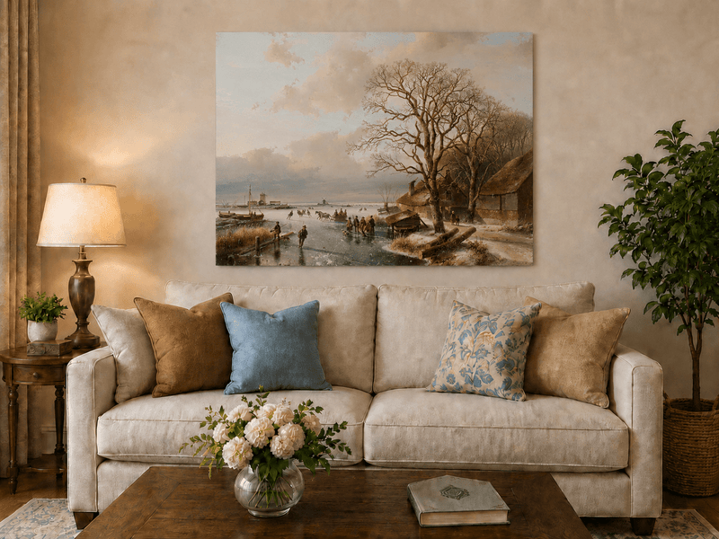 Landscape Oil Painting - Winter Village by a Frozen Canal