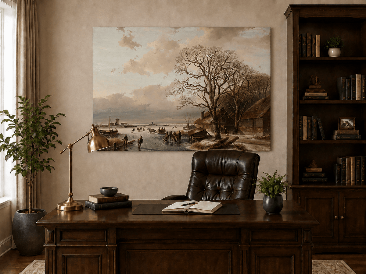 Landscape Oil Painting - Winter Village by a Frozen Canal