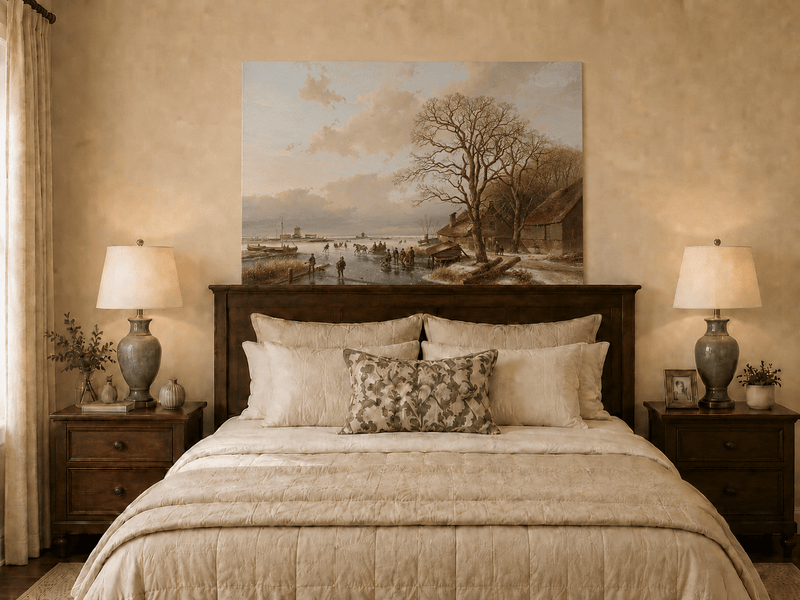 Landscape Oil Painting - Winter Village by a Frozen Canal