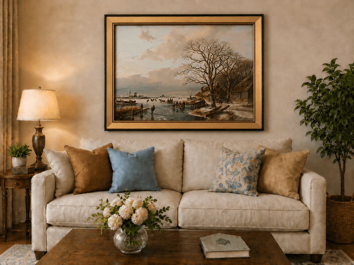 Landscape Oil Painting - Winter Village by a Frozen Canal