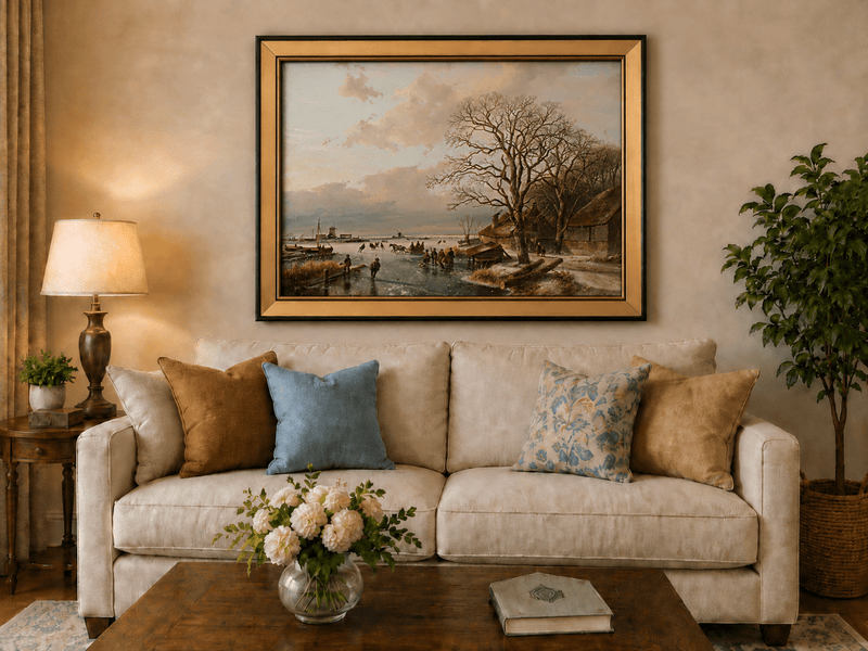Landscape Oil Painting - Winter Village by a Frozen Canal