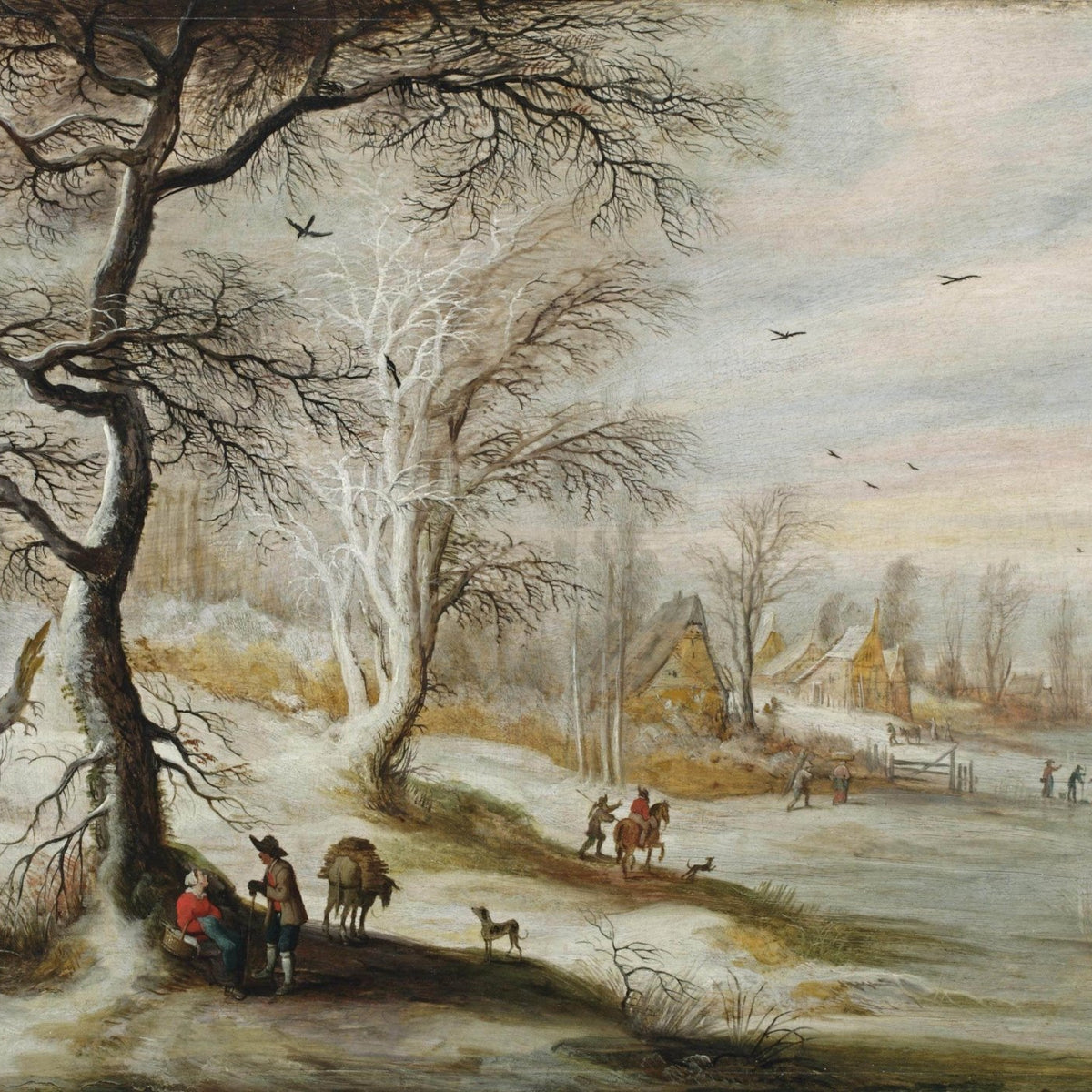 Hand-painted winter village by frozen pond landscape oil painting on canvas