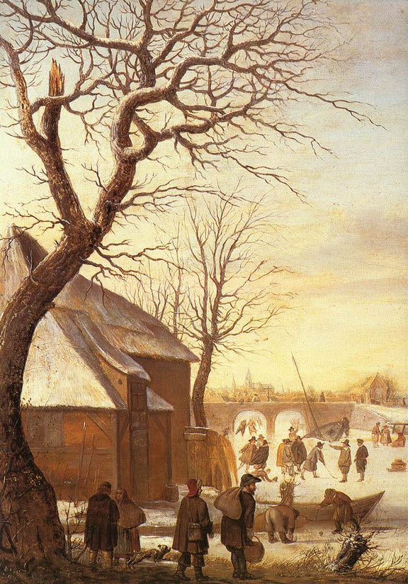 Hand-painted winter village by the frozen canal landscape oil painting on canvas