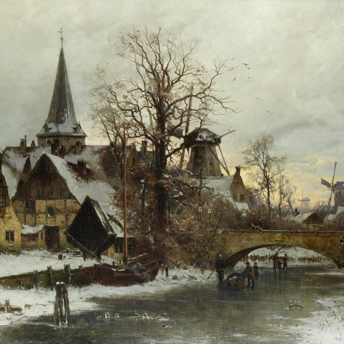 Hand-painted winter village canal, bridge and windmill landscape oil painting on canvas