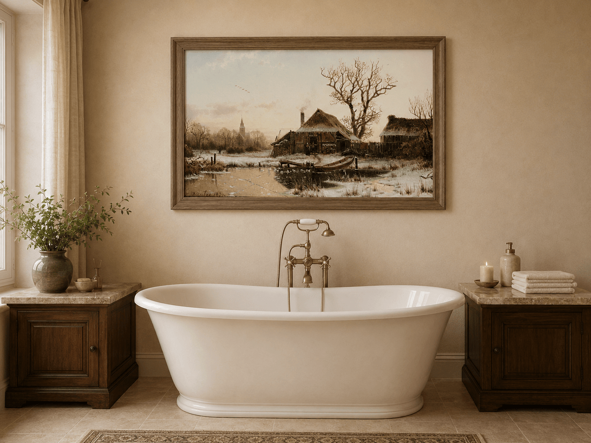 Landscape Oil Painting - Winter Village Frozen Pond