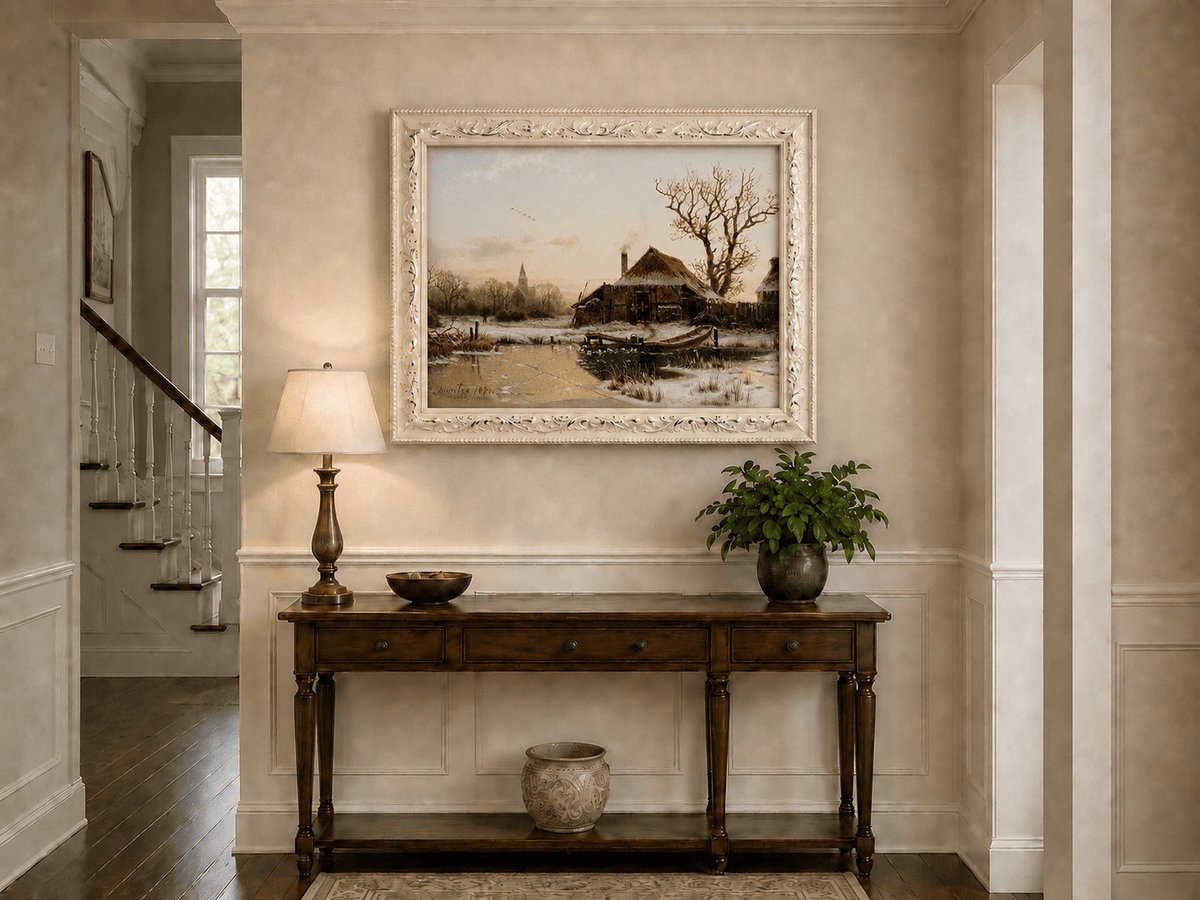 Landscape Oil Painting - Winter Village Frozen Pond