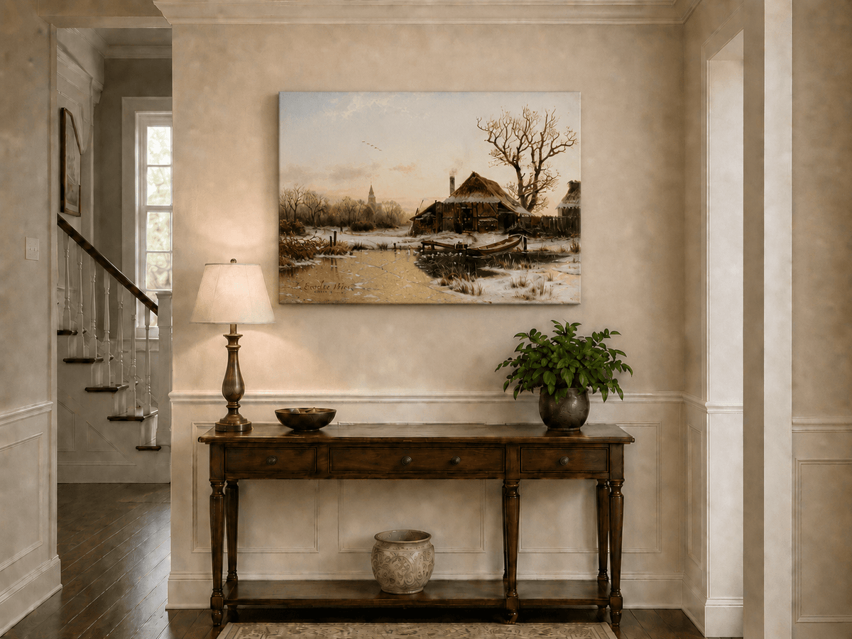 Landscape Oil Painting - Winter Village Frozen Pond