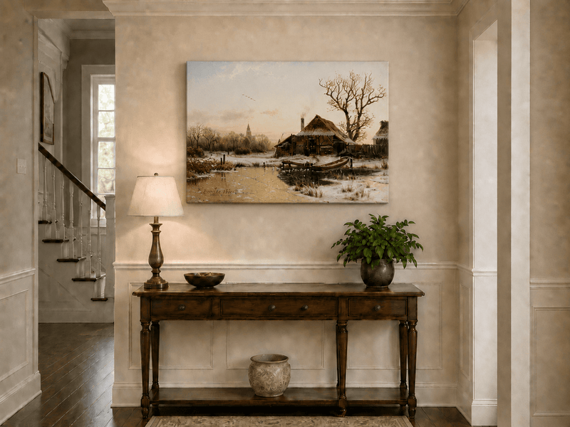 Landscape Oil Painting - Winter Village Frozen Pond