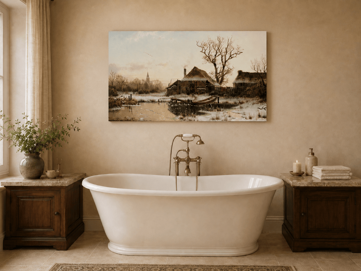 Landscape Oil Painting - Winter Village Frozen Pond