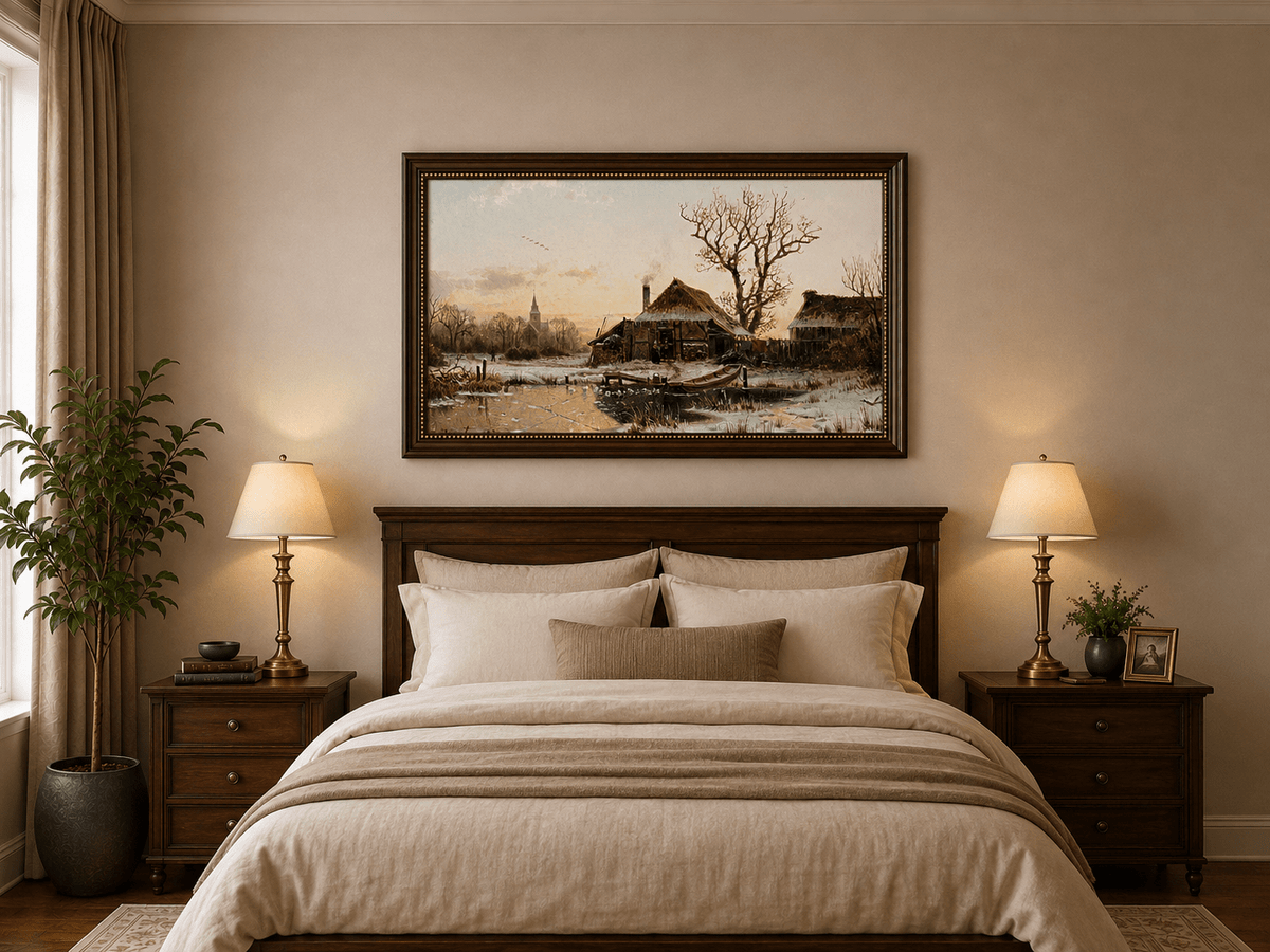 Landscape Oil Painting - Winter Village Frozen Pond