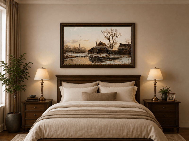 Landscape Oil Painting - Winter Village Frozen Pond
