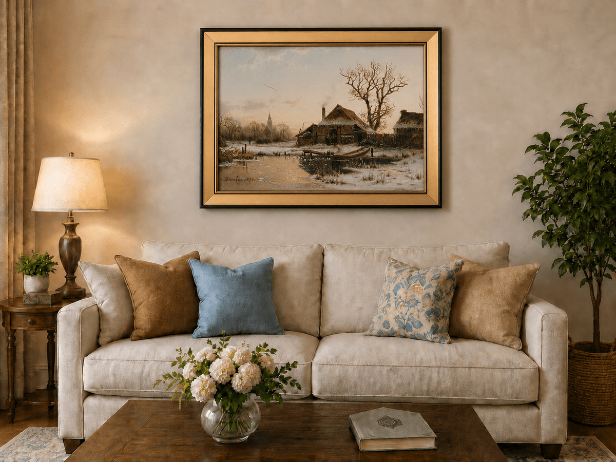 Landscape Oil Painting - Winter Village Frozen Pond
