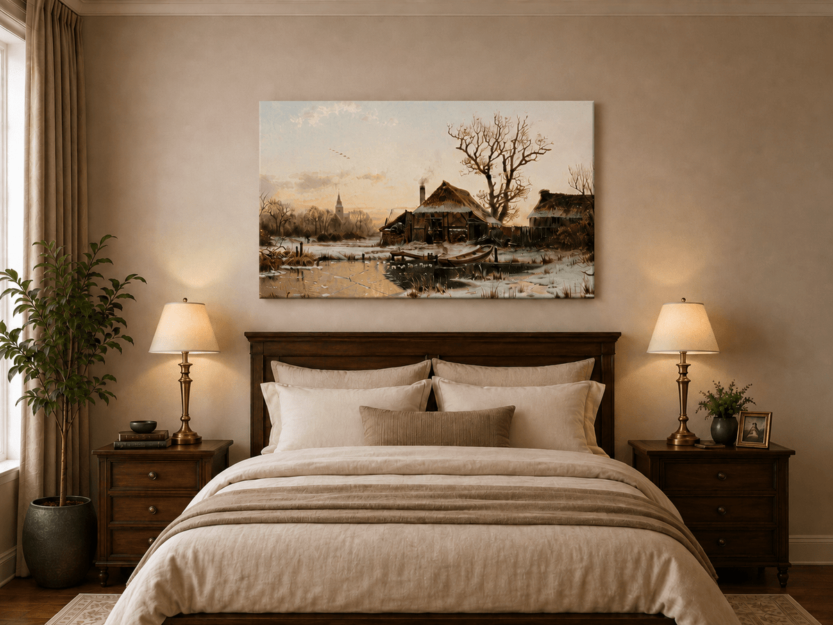 Landscape Oil Painting - Winter Village Frozen Pond