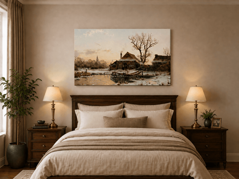 Landscape Oil Painting - Winter Village Frozen Pond