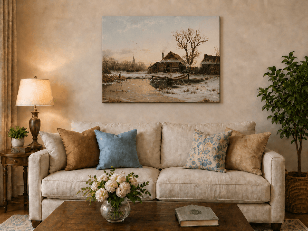 Landscape Oil Painting - Winter Village Frozen Pond