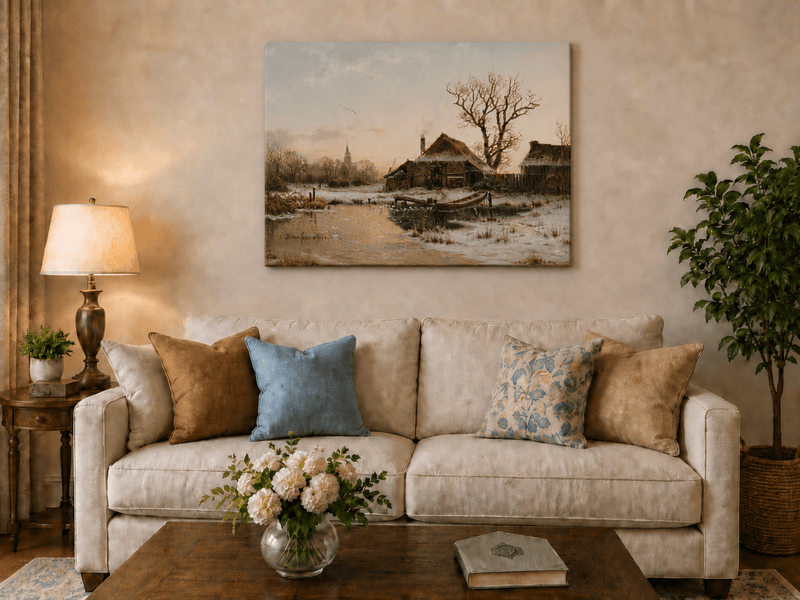 Landscape Oil Painting - Winter Village Frozen Pond