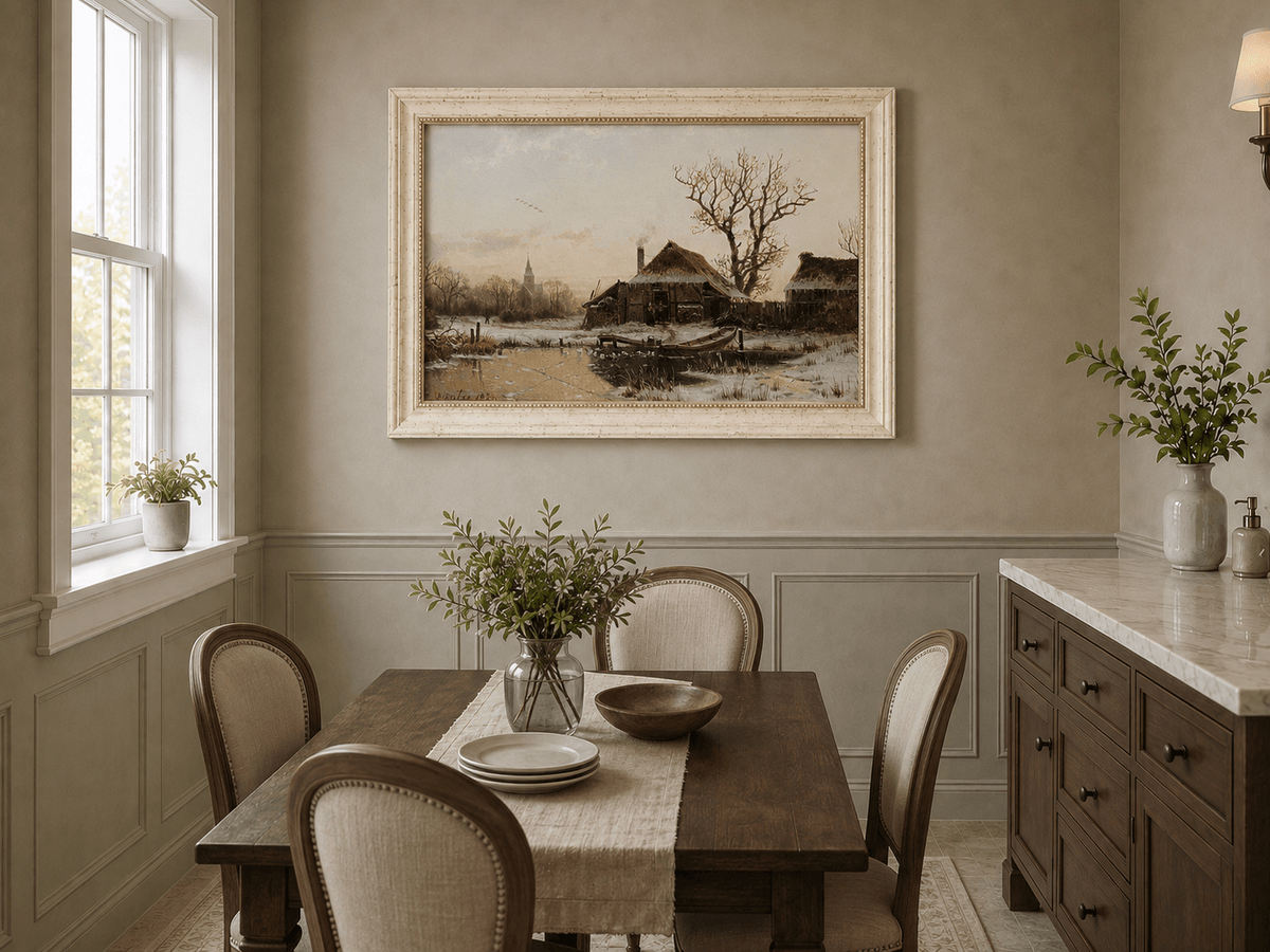 Landscape Oil Painting - Winter Village Frozen Pond