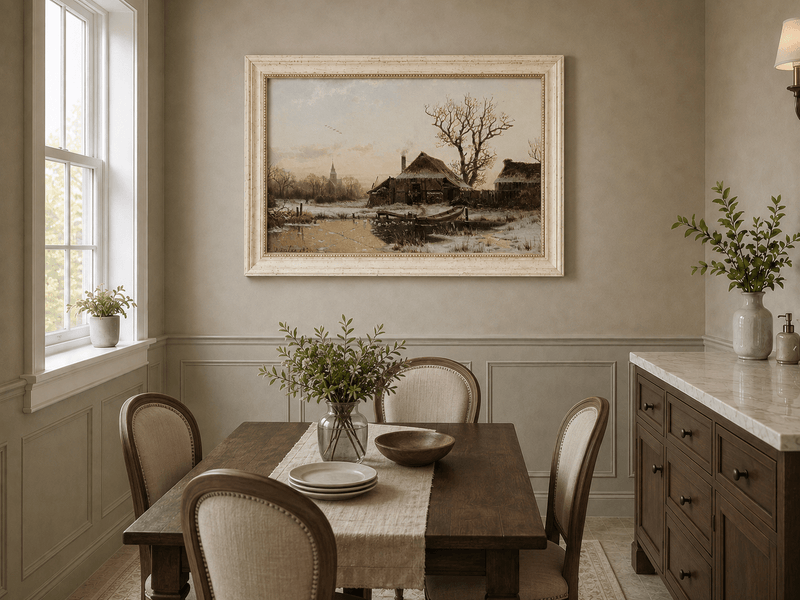 Landscape Oil Painting - Winter Village Frozen Pond