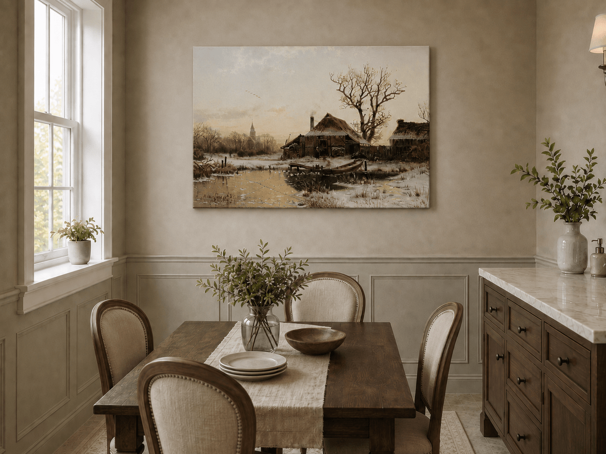 Landscape Oil Painting - Winter Village Frozen Pond