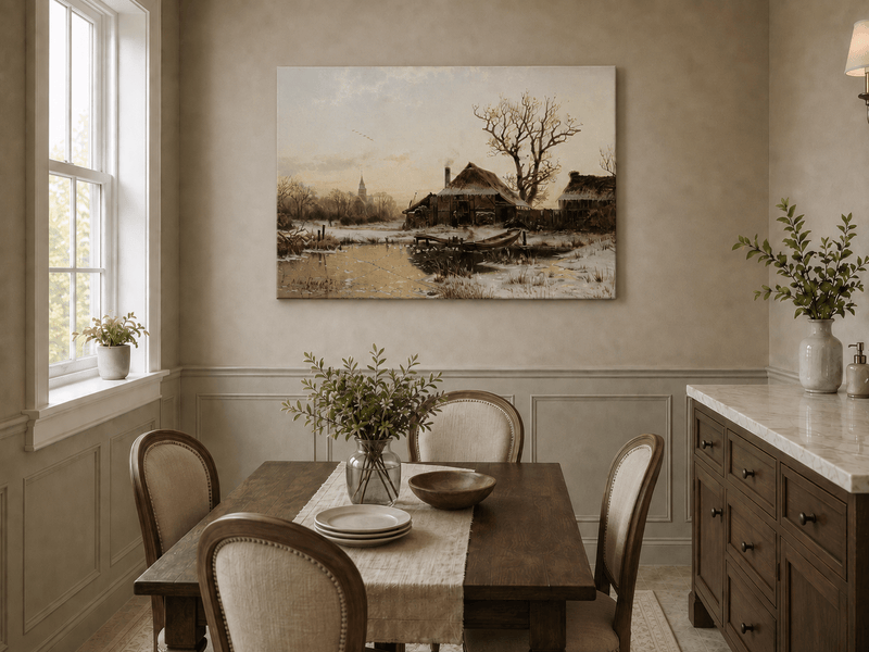 Landscape Oil Painting - Winter Village Frozen Pond