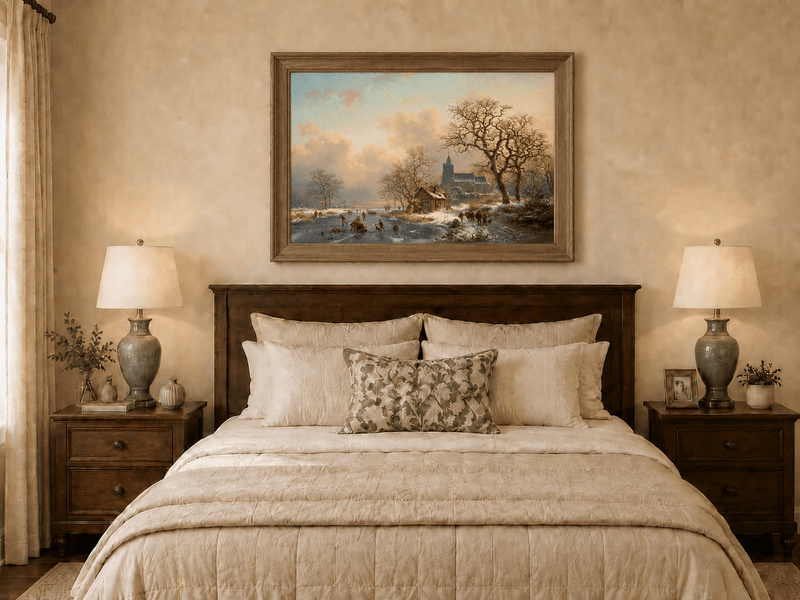 Pintura al óleo de paisaje - Pueblo invernal con río congelado
