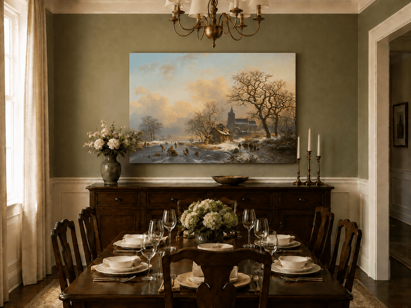 Pintura al óleo de paisaje - Pueblo invernal con río congelado
