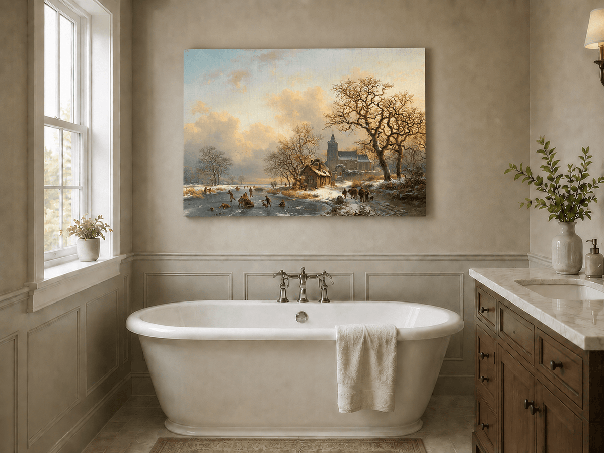 Pintura al óleo de paisaje - Pueblo invernal con río congelado