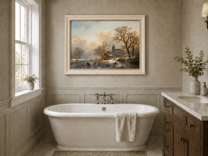 Pintura al óleo de paisaje - Pueblo invernal con río congelado