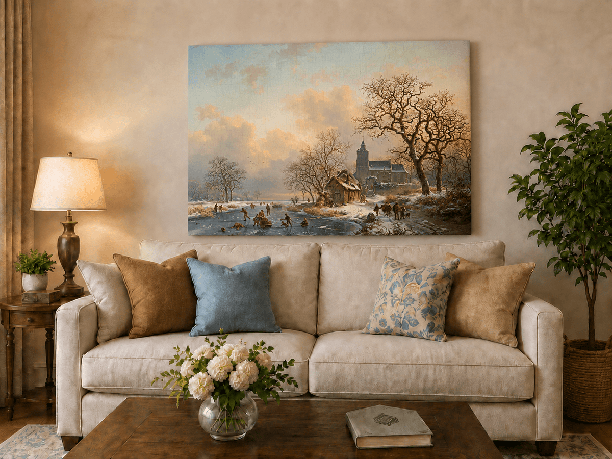 Pintura al óleo de paisaje - Pueblo invernal con río congelado