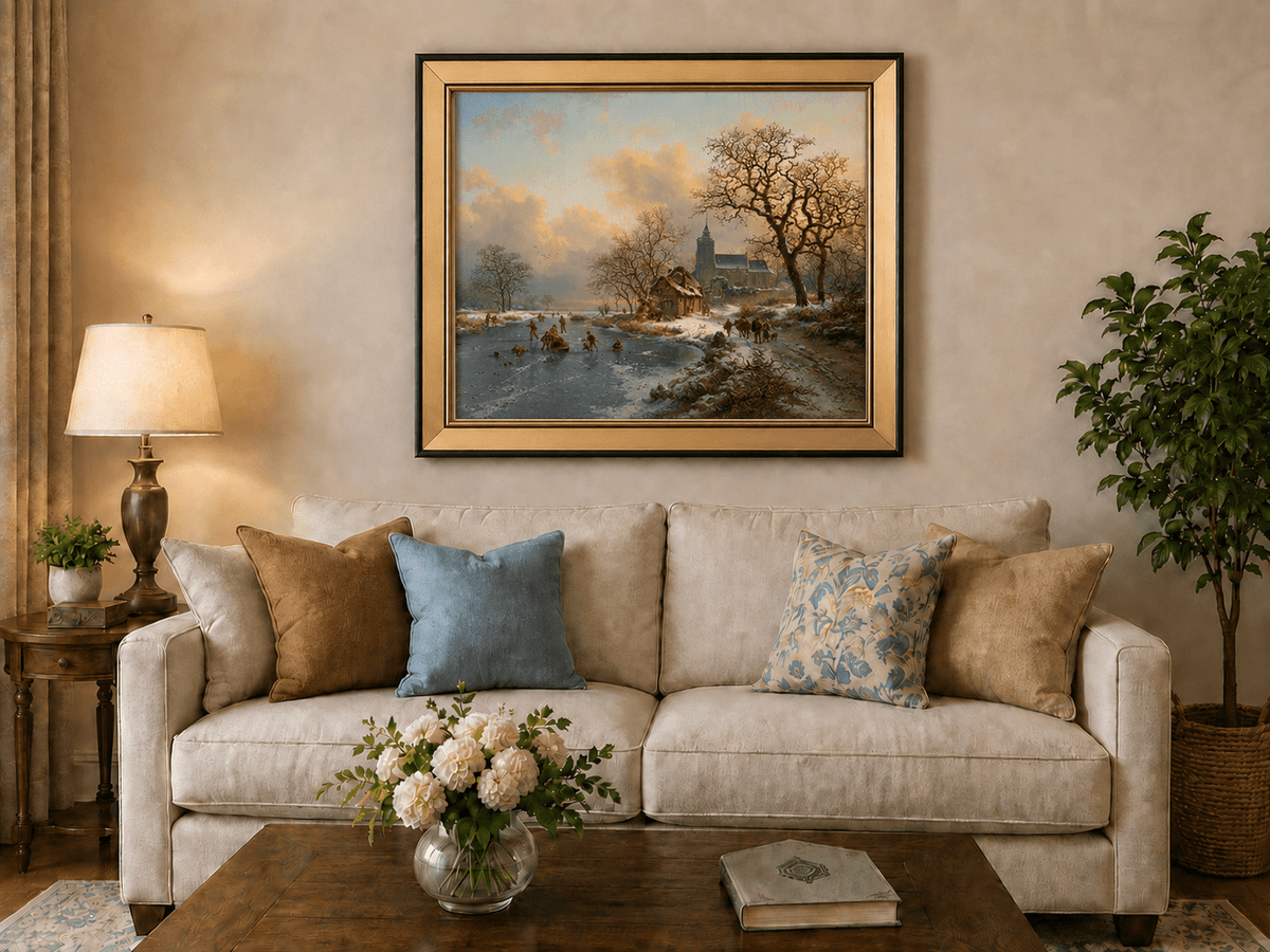 Pintura al óleo de paisaje - Pueblo invernal con río congelado