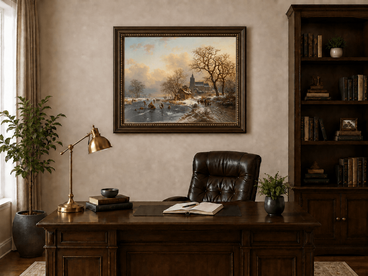 Pintura al óleo de paisaje - Pueblo invernal con río congelado