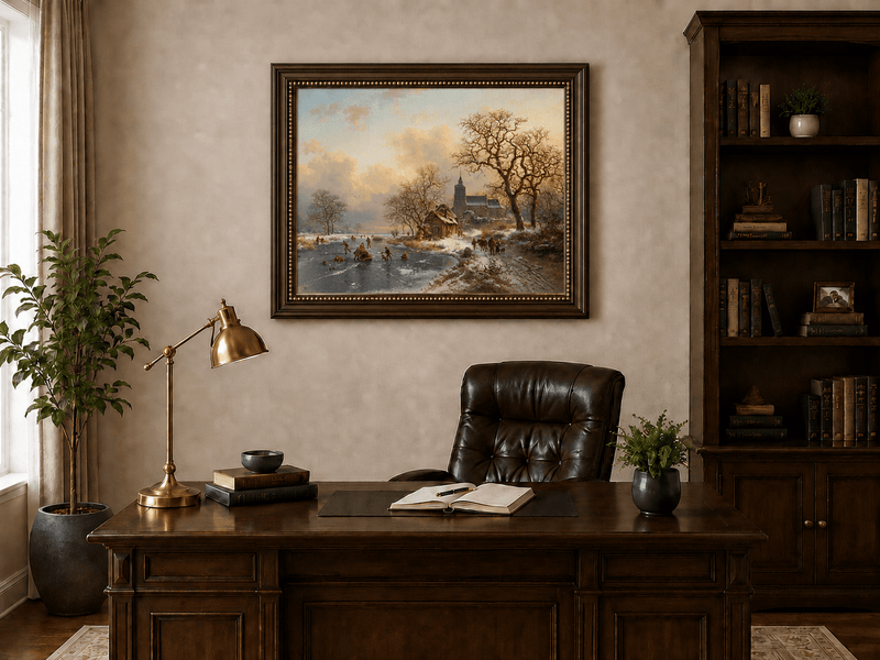 Pintura al óleo de paisaje - Pueblo invernal con río congelado