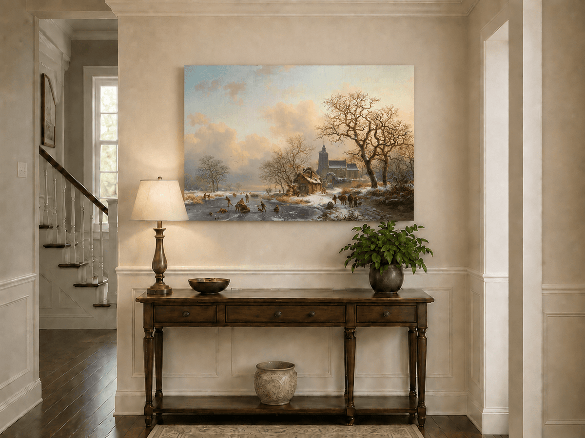 Pintura al óleo de paisaje - Pueblo invernal con río congelado