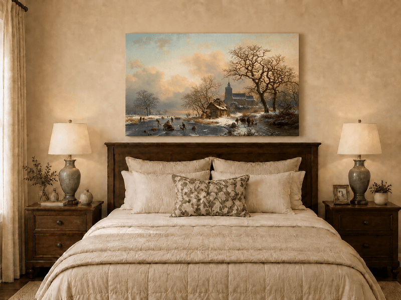 Pintura al óleo de paisaje - Pueblo invernal con río congelado