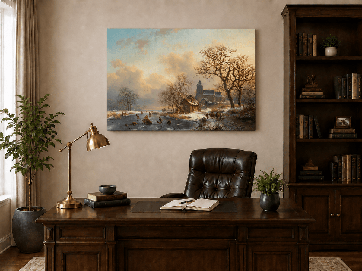 Pintura al óleo de paisaje - Pueblo invernal con río congelado