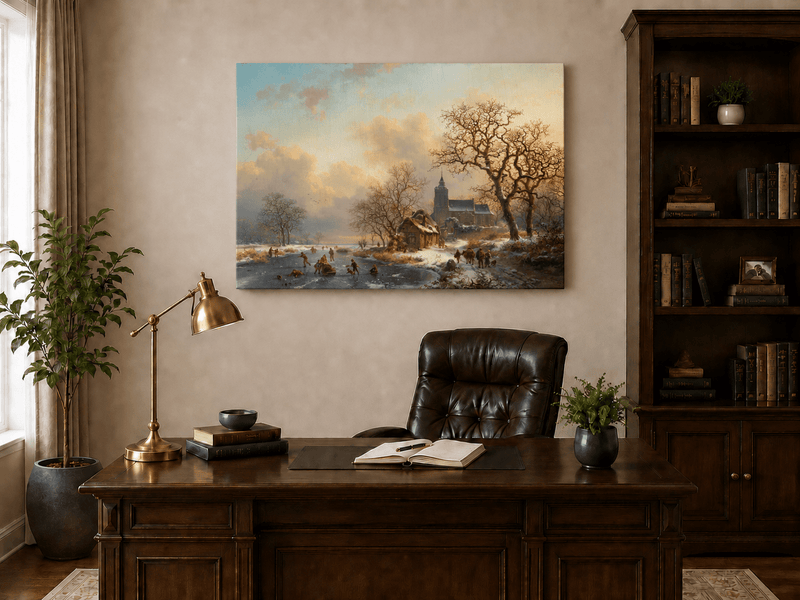 Pintura al óleo de paisaje - Pueblo invernal con río congelado