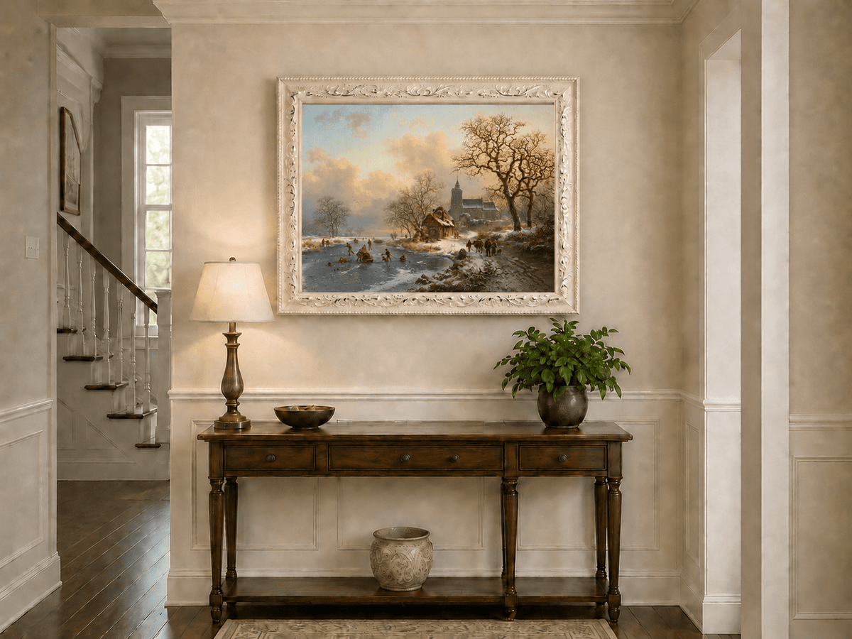 Pintura al óleo de paisaje - Pueblo invernal con río congelado