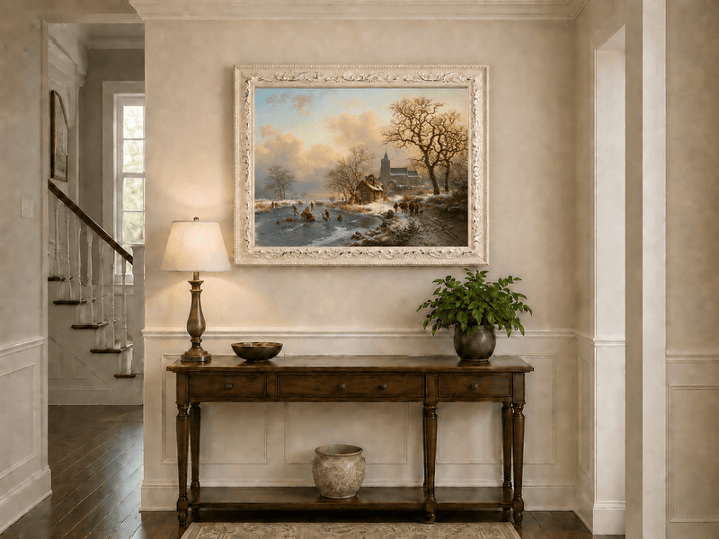Pintura al óleo de paisaje - Pueblo invernal con río congelado