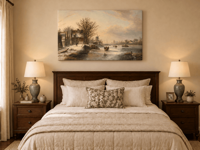 Peinture à l'huile de paysage - Village d'hiver, rivière gelée et patineurs