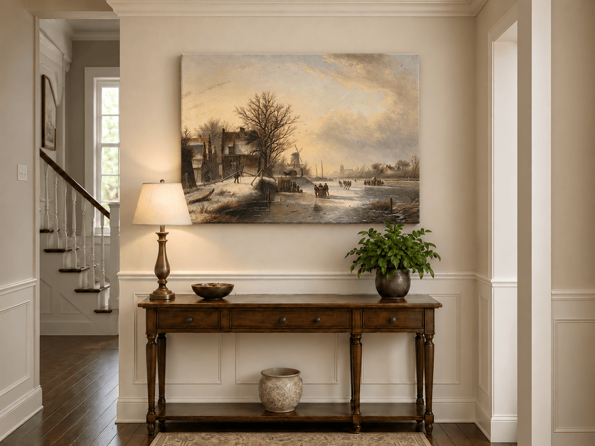 Peinture à l'huile de paysage - Village d'hiver, rivière gelée et patineurs