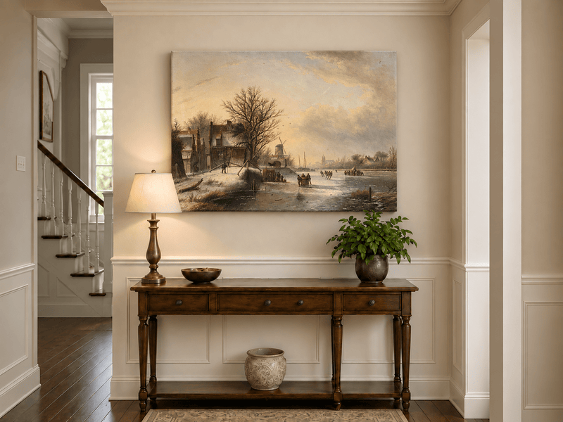 Peinture à l'huile de paysage - Village d'hiver, rivière gelée et patineurs