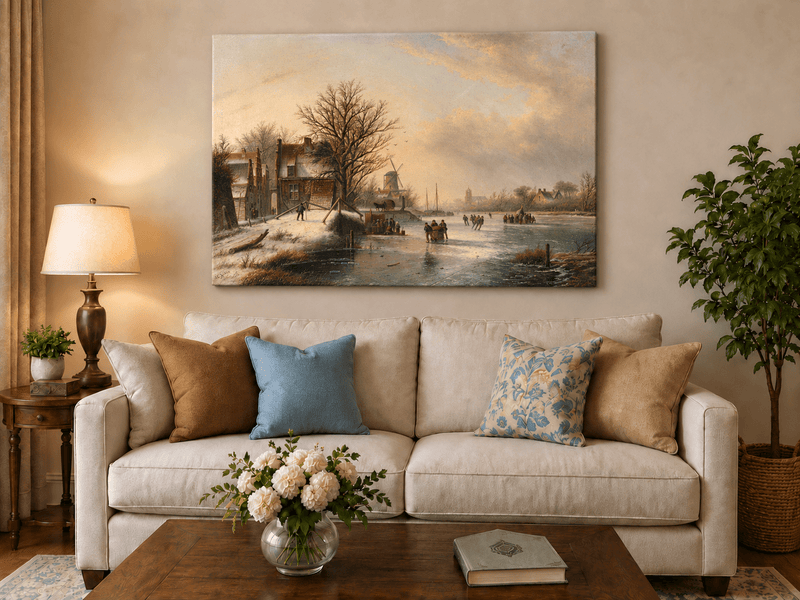 Peinture à l'huile de paysage - Village d'hiver, rivière gelée et patineurs