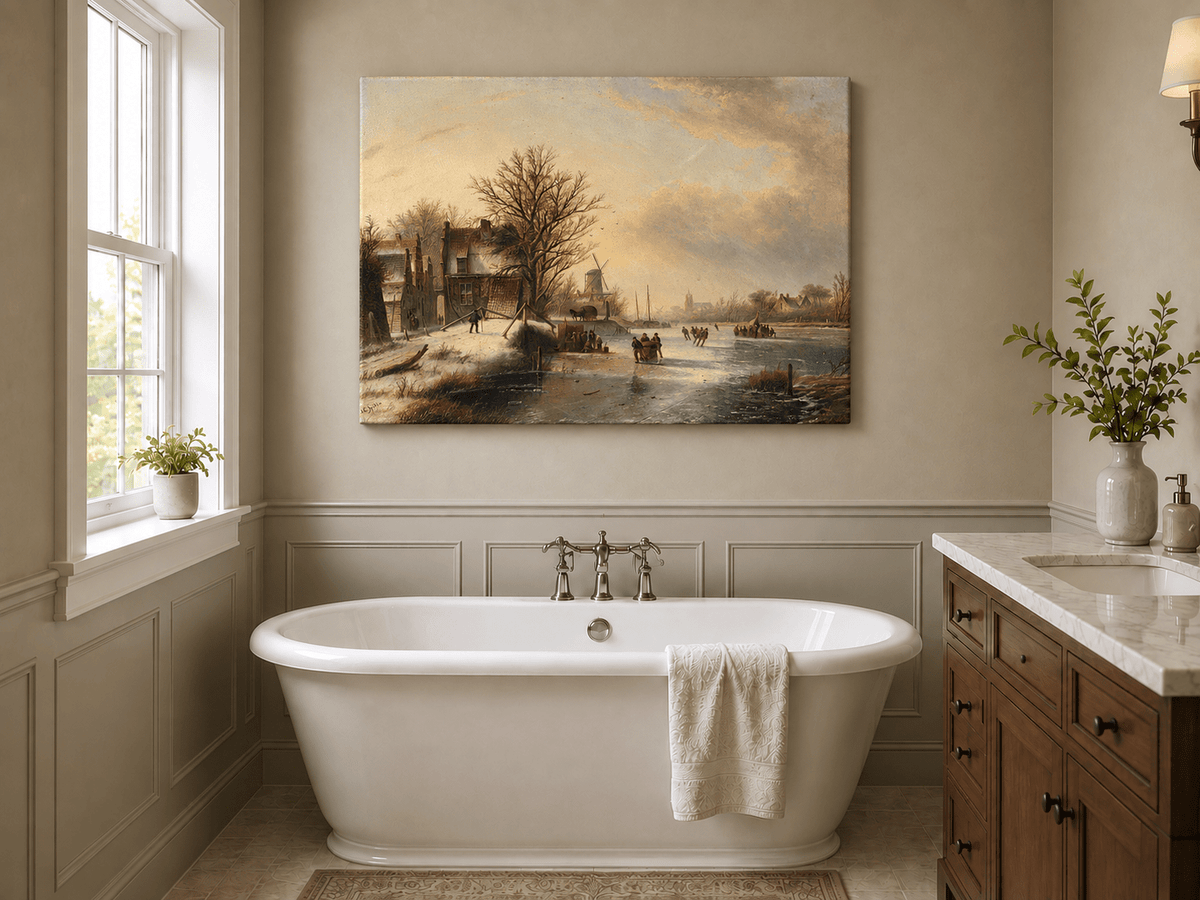 Peinture à l'huile de paysage - Village d'hiver, rivière gelée et patineurs