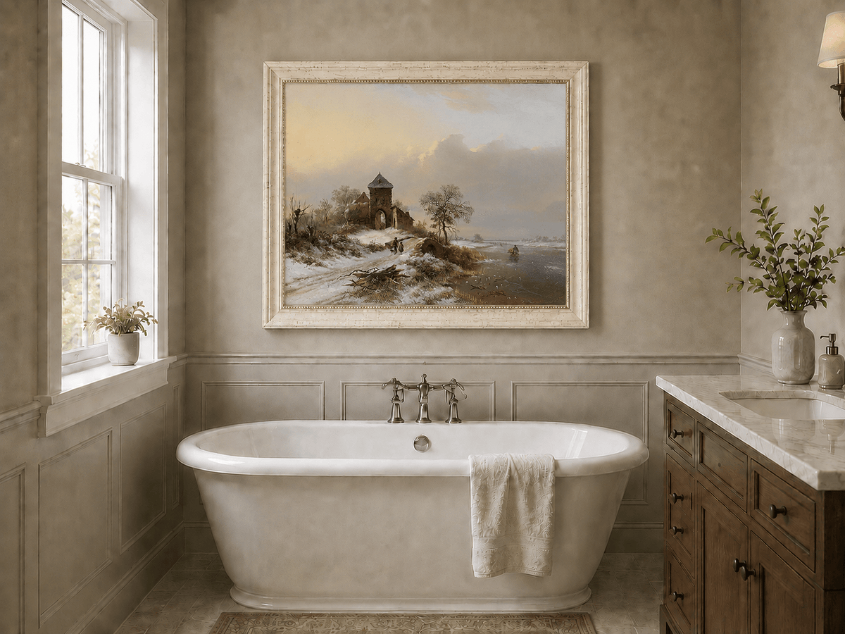 Landscape Oil Painting - Winter Village Gate and River