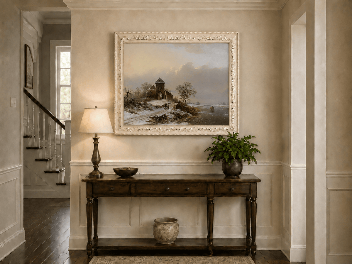 Landscape Oil Painting - Winter Village Gate and River
